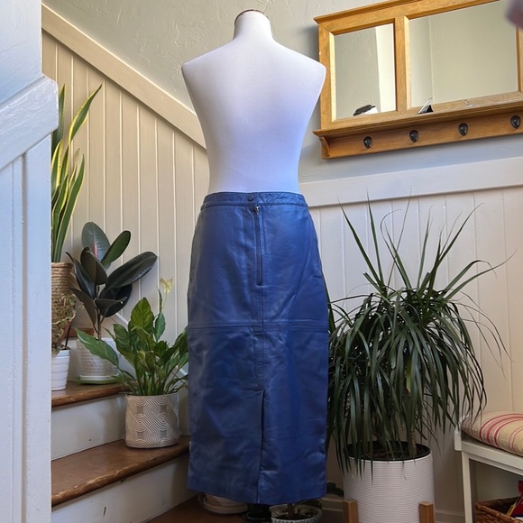 Cobalt Blue Leather Midi Skirt - Picture 2 of 16